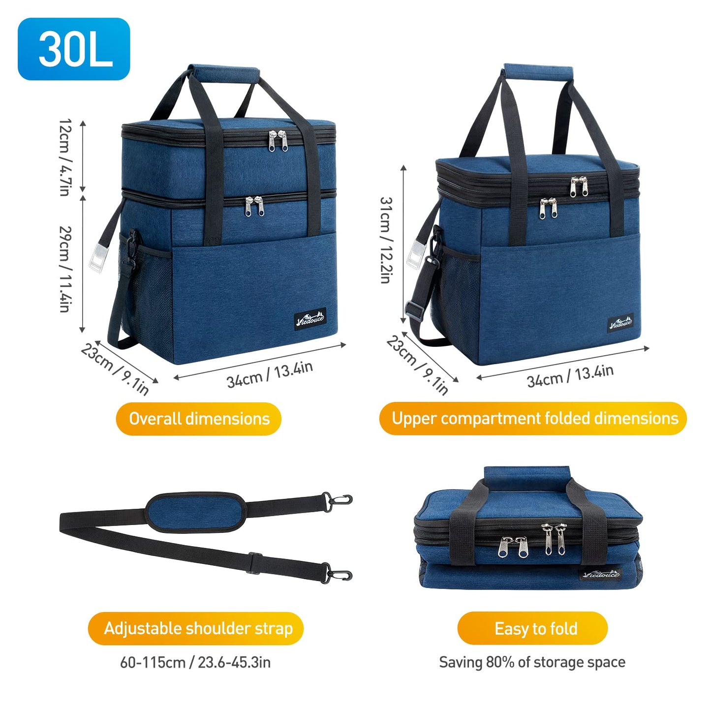 Viedouce cooler bag, expandable insulated picnic bag for men and women, double compartments waterproof leakproof lunch bag with shoulder strap beer opener for outdoor camping travel (blue, 30L)
