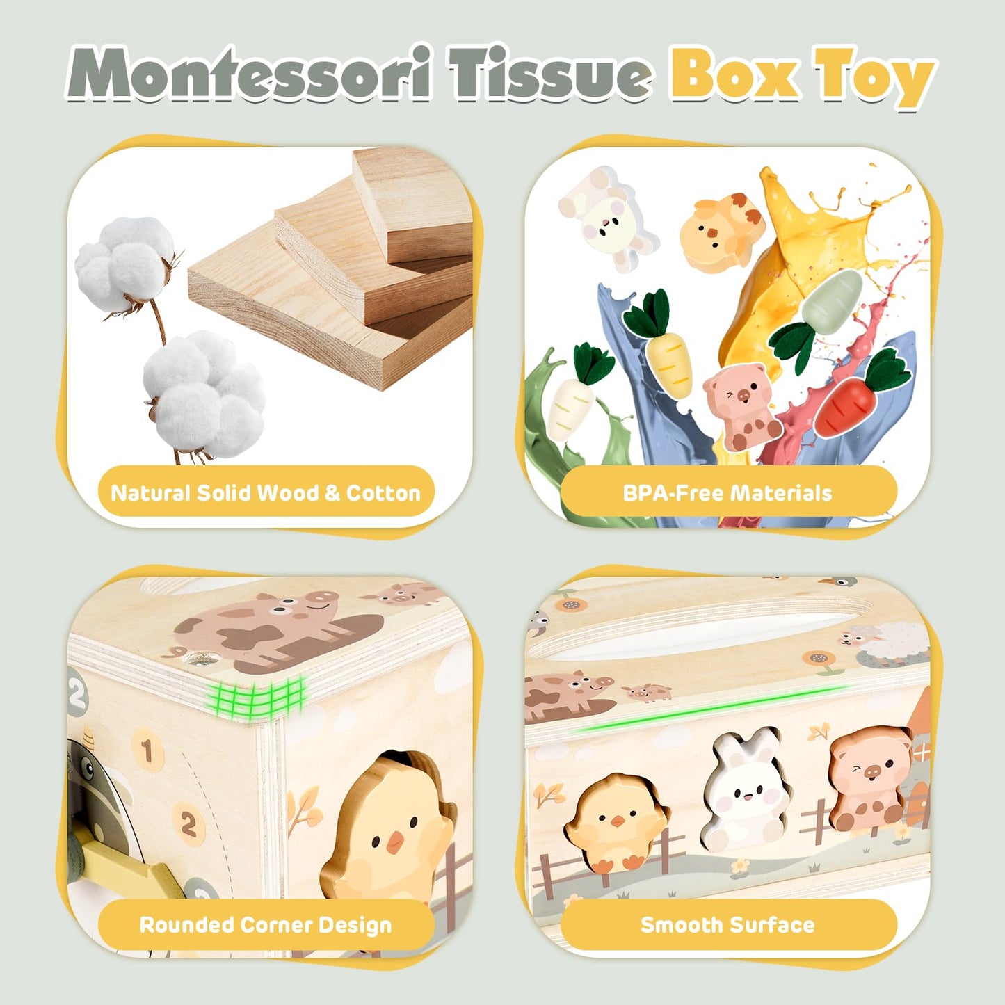 Vanplay Montessori toy for babies 12 months, 6 in 1 fabric box baby toy for 1 year olds, wooden motor skills toy for 1 2 3 year old girls and boys, gift for 1 year old child.