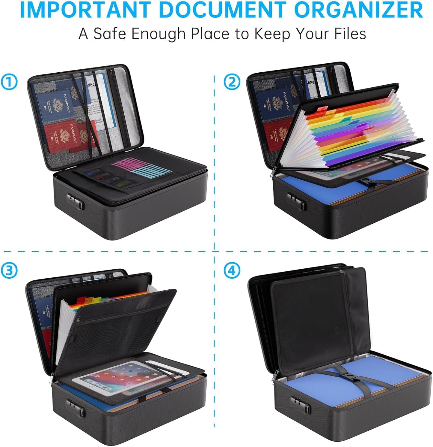 Fireproof document bag with 13 compartments 5200℉ A4 folder organizer storage box with lock Portable briefcase Home and office document storage for important documents Certificates