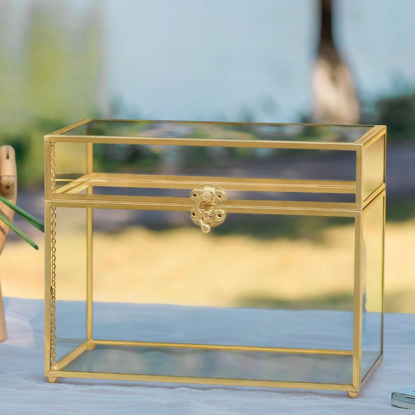NCYP 25x14.2x19.6 cm Gold Glass Card Box, Handcrafted Brass Vintage Rectangular Shape with Base for Wedding Entries, Souvenirs, Tabletop Display (glass box only)