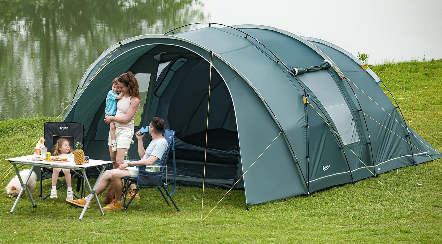 Portal tent for 5-6 people, tunnel design, waterproof 3000mm. Luxury camping tent with 2 sleeping cabins, standing height, vestibule, large floor, ideal for families, groups, camping, travel, trekking, and garden.