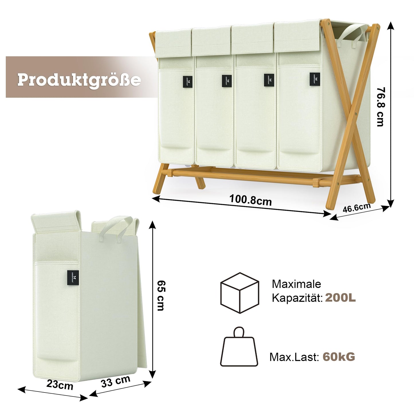 AdelDream 200L laundry basket with 4 compartments - Bamboo laundry collector & sorter, laundry sorting system, X-shaped laundry box, Beige