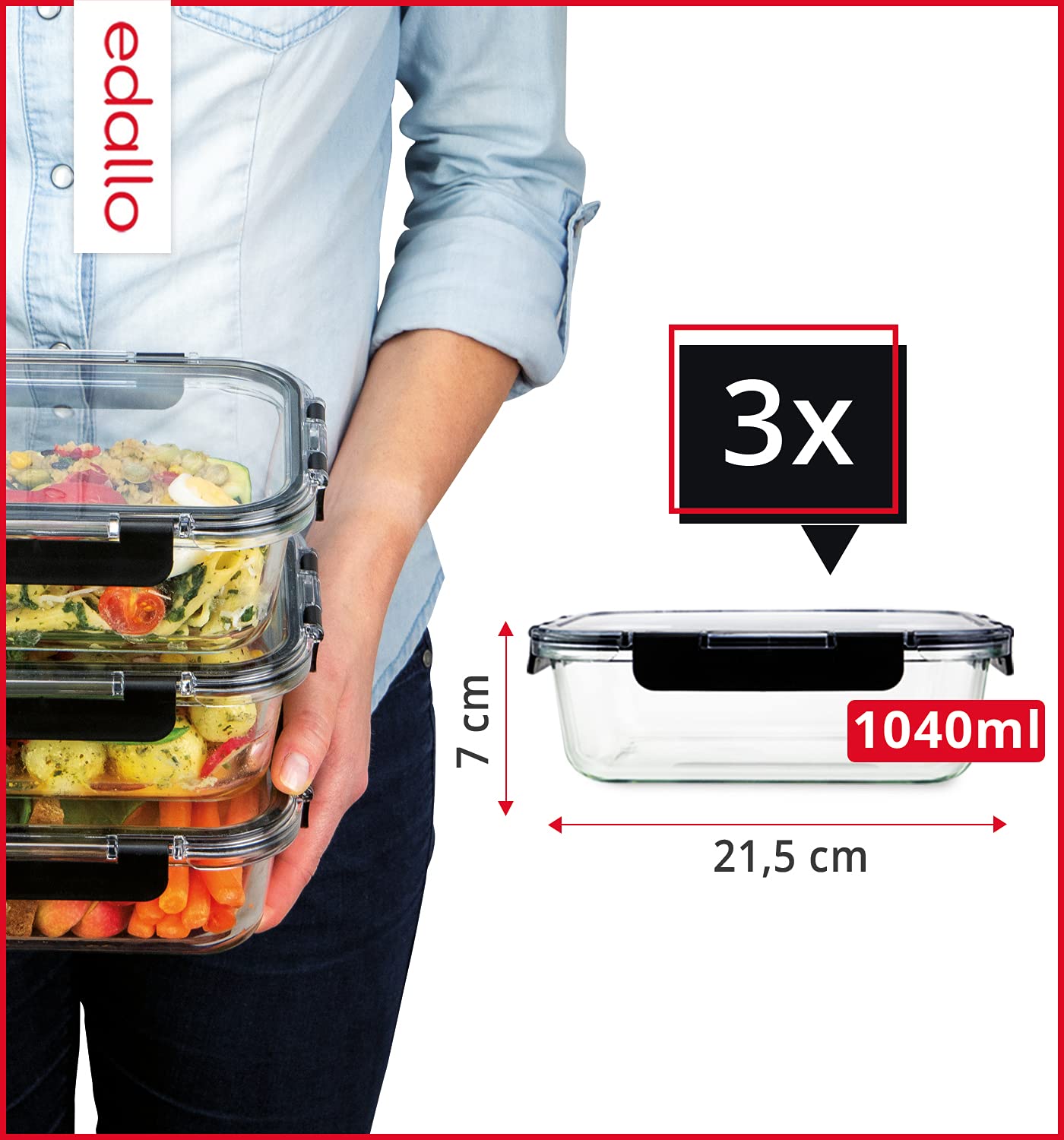 edallo NEW TRITAN - 3 large food storage containers with TRITAN lids & premium glass - airtight, leak-proof. Dishwasher, freezer, oven, microwave safe - storage container set - 3x 1040ml (1L)