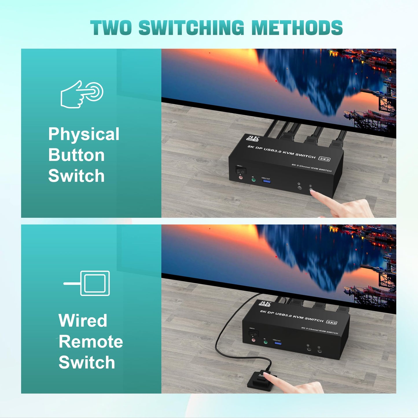 8K DisplayPort triple monitor KVM switch 8K@60Hz 4K@144Hz, DP 1.4 USB 3.0 KVM switch for 2 PCs and 3 monitors. Includes audio and microphone output, as well as 3 USB 3.0 ports. Ideal for multi-monitor setups.