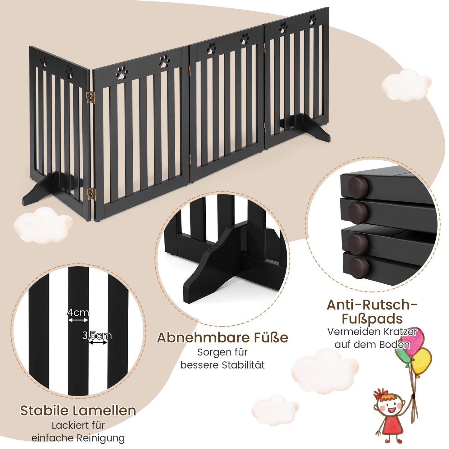 COSTWAY Dog Gate, Wooden Safety Gate, Foldable Baby Gate, 60cm High Stair Gate, Flexible Pet Gate Door Guard (4 Panels, Brown)