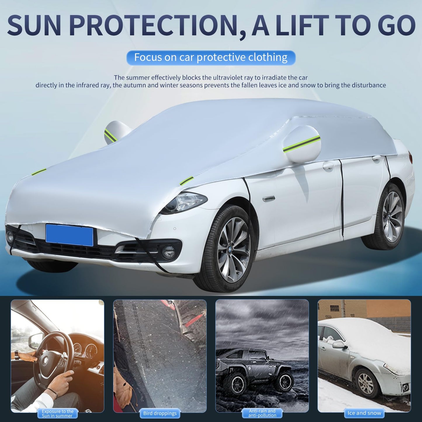 All-weather car cover, half cover, waterproof, car garage, dustproof with UV protection (400-520cm SUV).