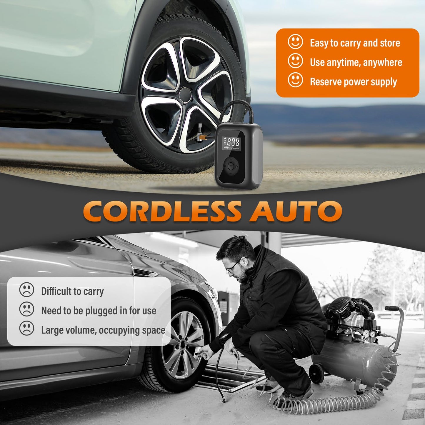 Electric bike pump 6000mAh, mini compressor for tires 10.3 bar, cordless portable battery air pump with auto stop, 150 PSI battery air pump for car, bicycle, motorcycle, balls.