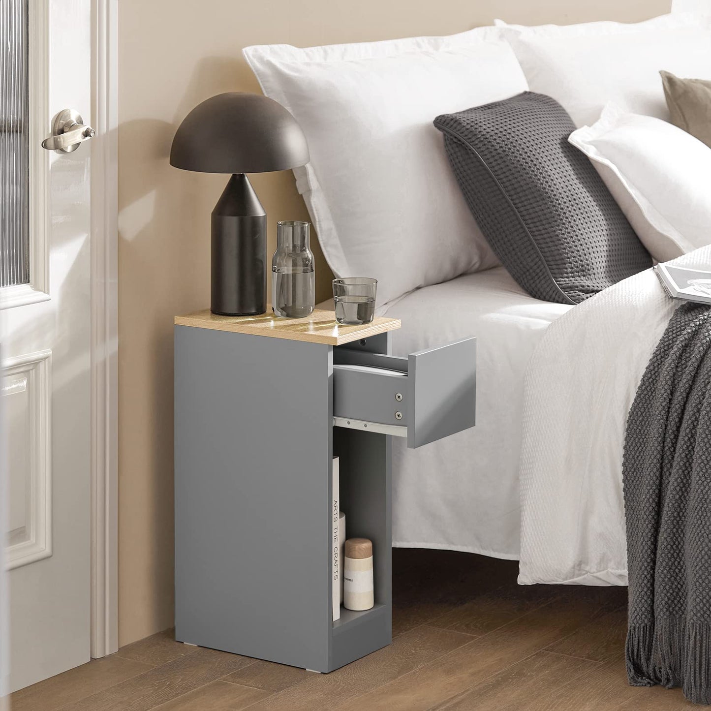 SoBuy slim bedside table with drawer and shelf nightstand for bedroom living room light grey B20 x D35 x H60 cm FBT111-HG