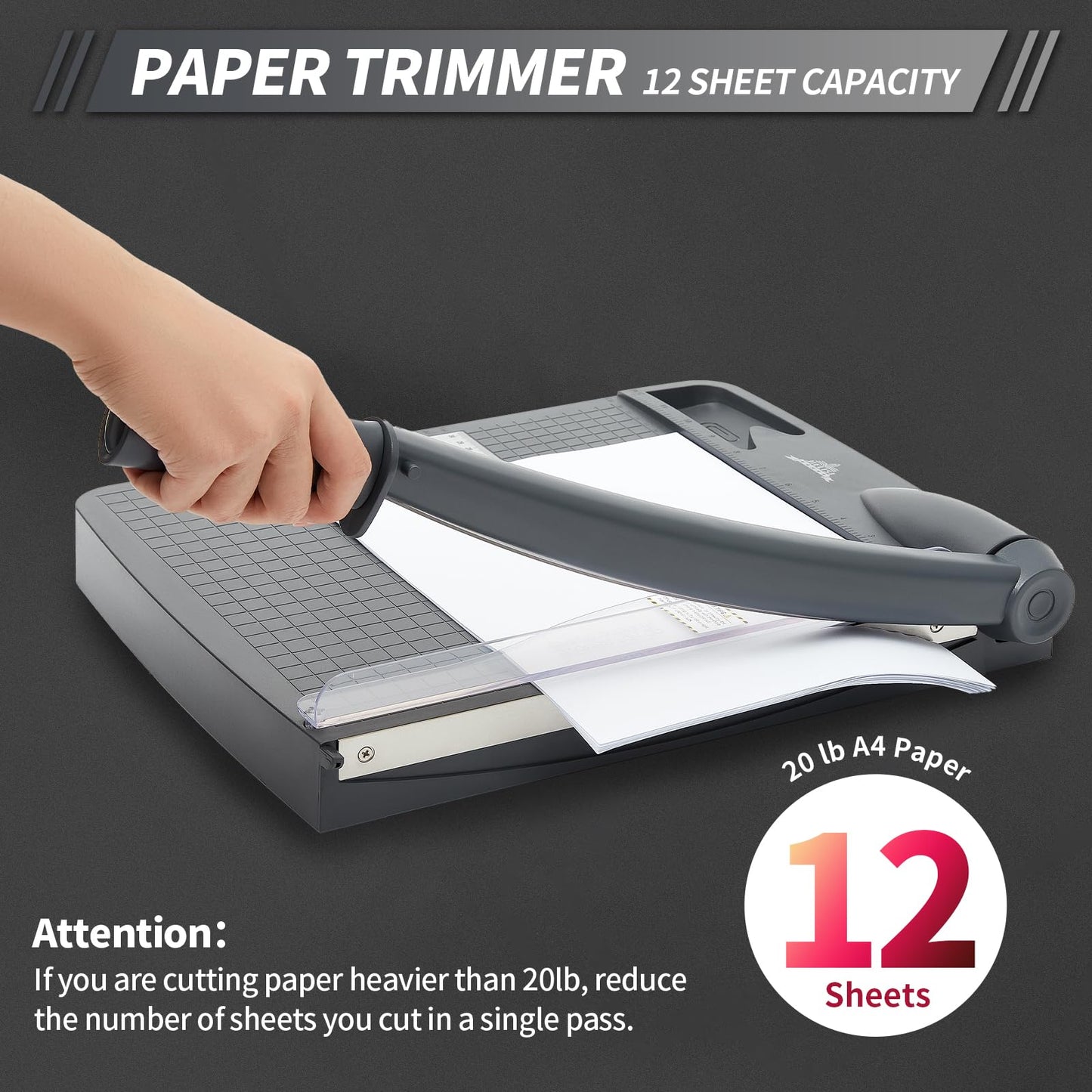 JIELISI Paper Cutter (Up to 80g A4, 12 sheets cutting capacity) Manual Cutting Machine, Paper Trimmer, Lever Cutter, Scissor for Paper and Photos, highest precision (Dark Gray)