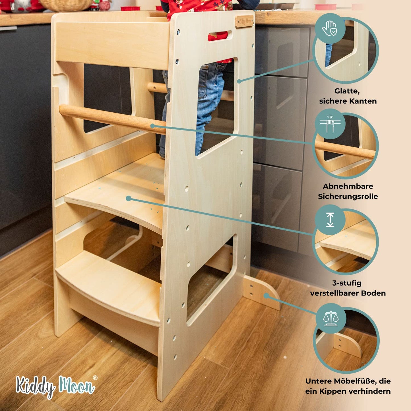 KiddyMoon Learning Tower for Children from 1 Year, Anti-Tip Protection, Height Adjustable (3 Levels), Montessori Learning Tower, Kitchen Helper, Highest Safety, Including Assembly Accessories, Model ST-003, Gray