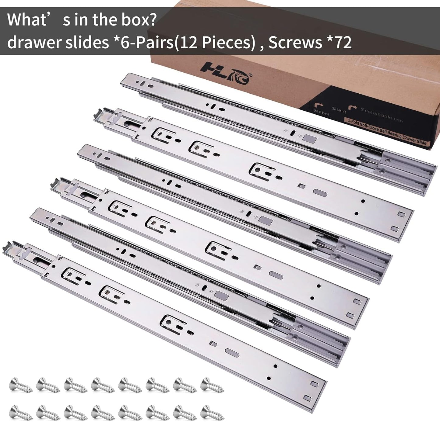 HLC Full Extension Drawer Slides 6 pairs (12 pieces), 50cm Soft Close Slides for Drawers, Ball Bearing Slides 3-fold fully extendable Side Mount Drawer Guides.