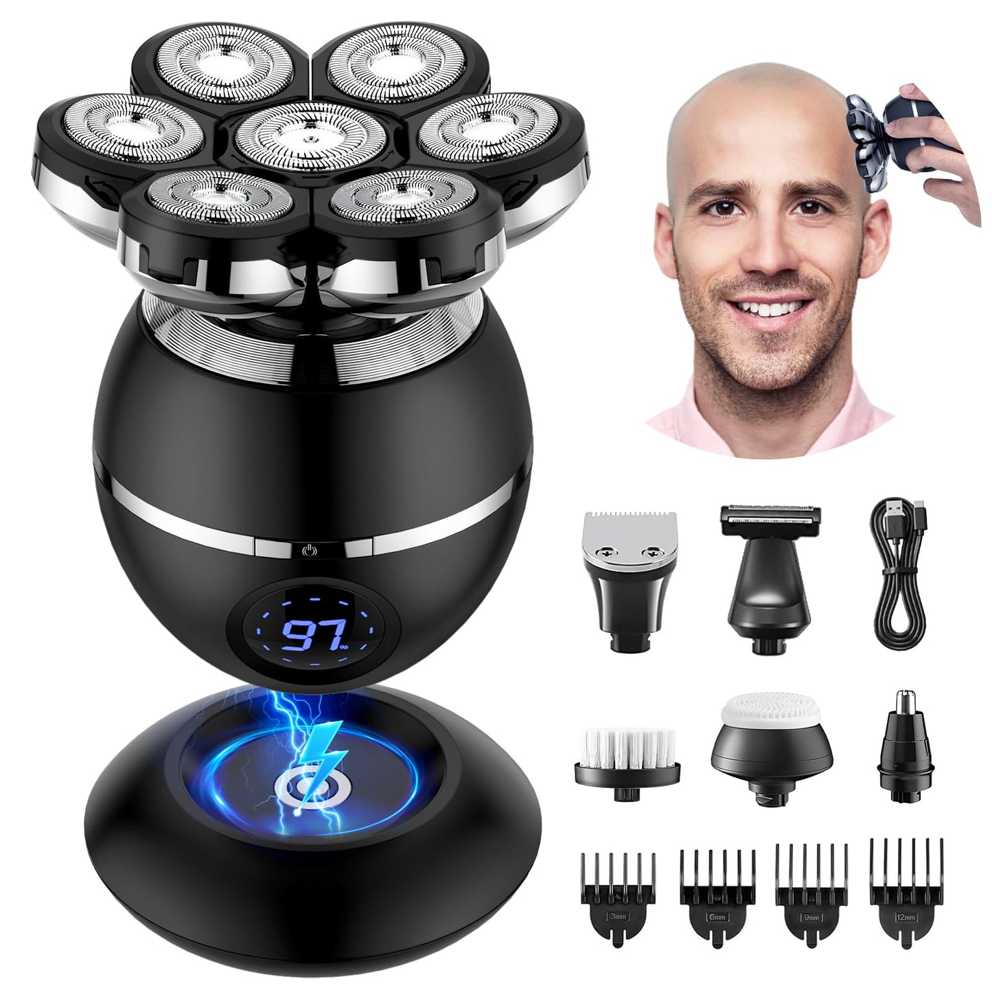 7D Electric Shaver for Men, Bald Head Shaver Electric - 6 in 1 Head Shaver for Men with Bald Head IPX7 Waterproof Beard Nose Hair Trimmer Grooming Kit - Wet & Dry Head Shaver Bald Head.