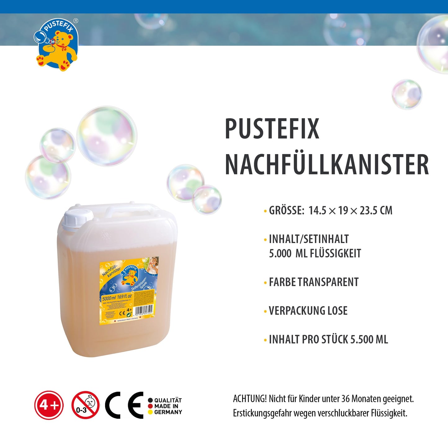 PUSTEFIX - 420869750 Refill canister I 5 l bubble solution I Colorful bubbles I Bubble fun for weddings, children's birthdays, summer parties I Colorful bubbles for kids & adults