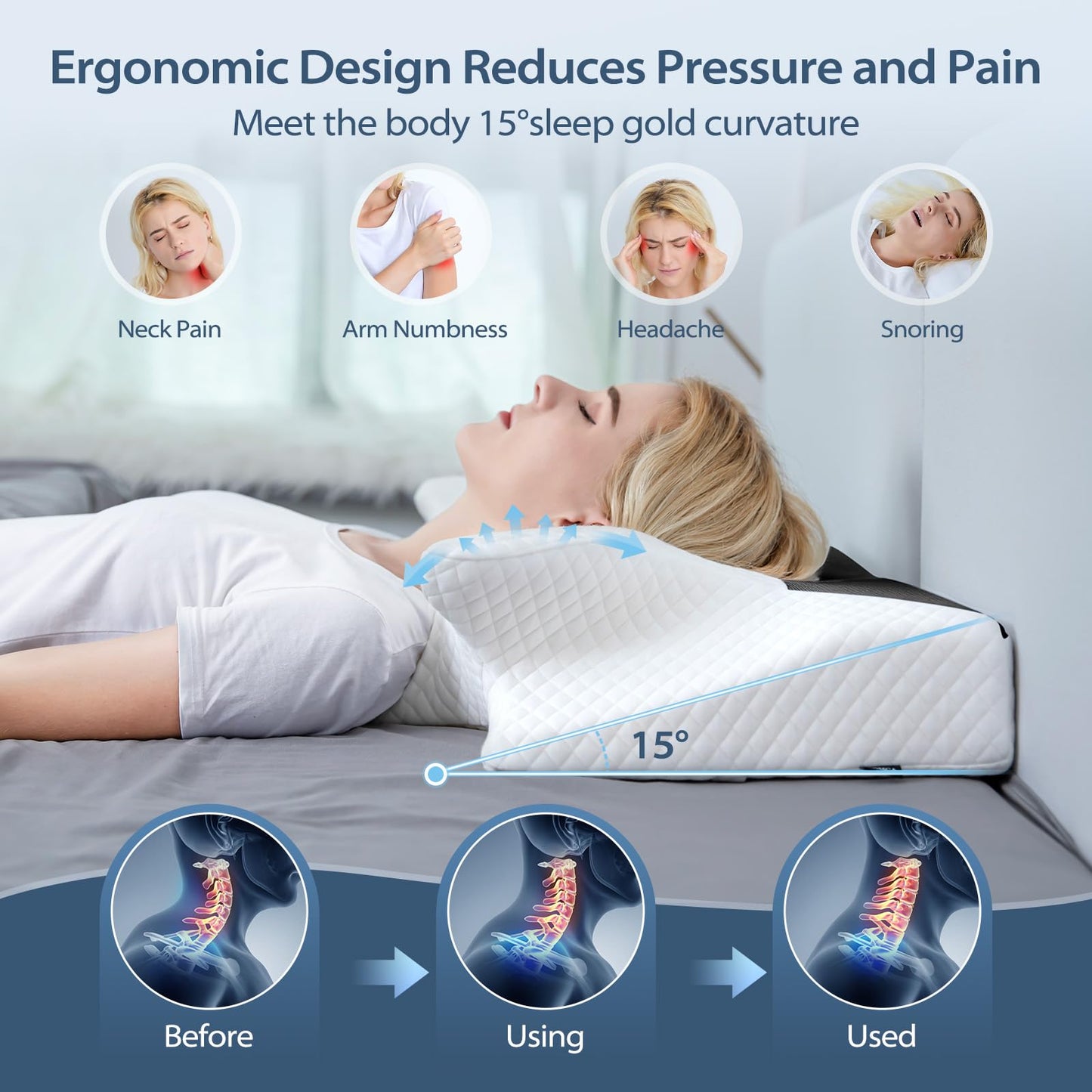 HOMCA Orthopedic Pillow Memory Foam Neck Support Pillow for Cervical Spine Ergonomic Pillow for Back, Side, and Stomach Sleepers, Black, 70 x 40 x 8.5/14cm