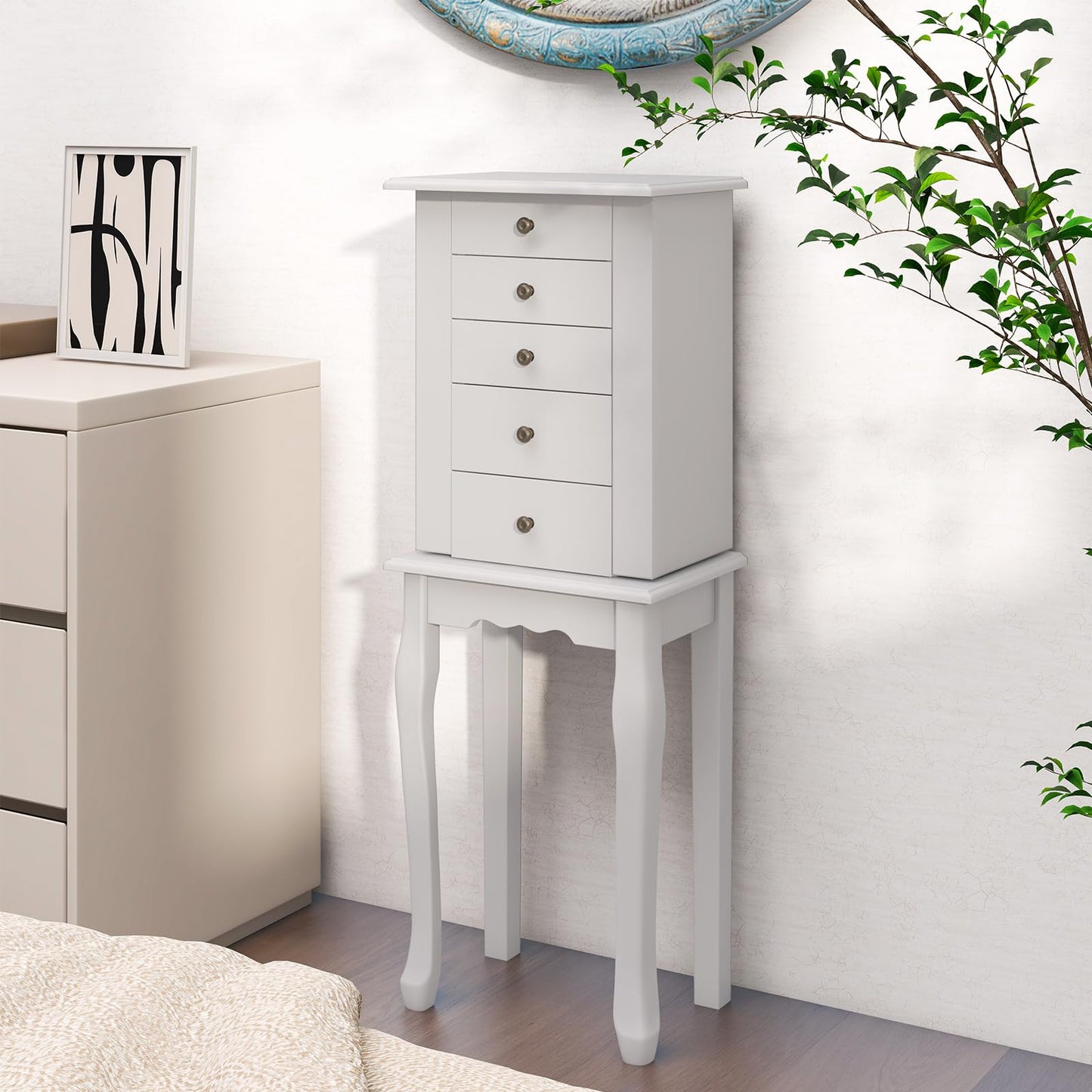 HOMASIS Jewelry Box with 4 Drawers & 8 Hooks, Jewelry Cabinet with Mirror, Jewelry Case with 4 Solid Wood Legs, Jewelry Storage for Wardrobe, Bathroom, Bedroom, White