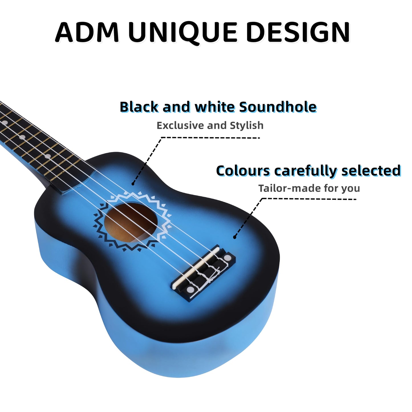 ADM Soprano Ukulele Set for kids and beginners, Ukulele starter kit with bag, tuner, rainbow strings, colorful strap, pick, fretboard stickers, chord chart (Blue)