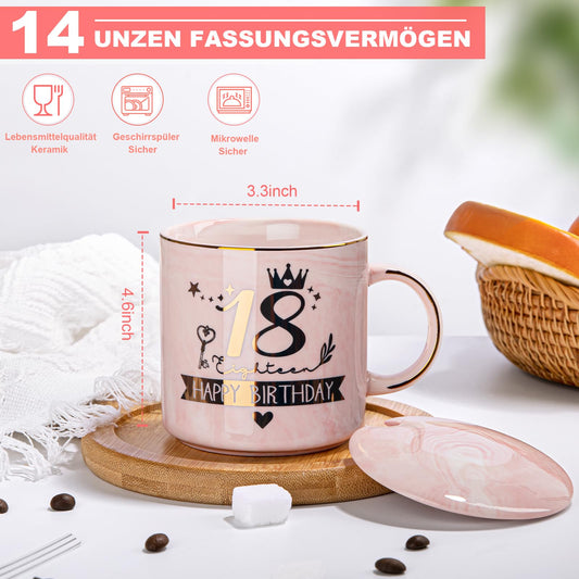 18th Birthday Girl, Happy 18th Birthday, 14oz coffee mug with gold print, Funny gifts for 18th birthday girl daughter, With lid, greeting card, gold spoon, gift box.