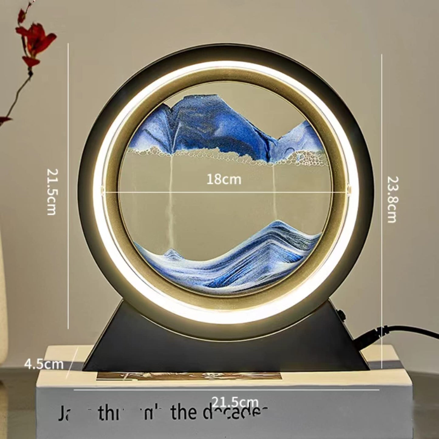 Neioaas 3D Moving Sand Art Table Lamp, 360° rotating sandscapes hourglass decor flowing sand lights,3D deep sea sand art hourglass lamp, adult child sand painting decor (Black-Blue)