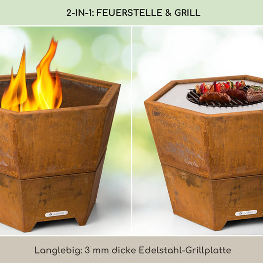 Blumfeldt fire bowl with grill grate, outdoor steel fire bowl large for balcony & camping, portable fire bowl 60 cm, fire bowl with stand, weatherproof fire bowl, hexagonal fire pit