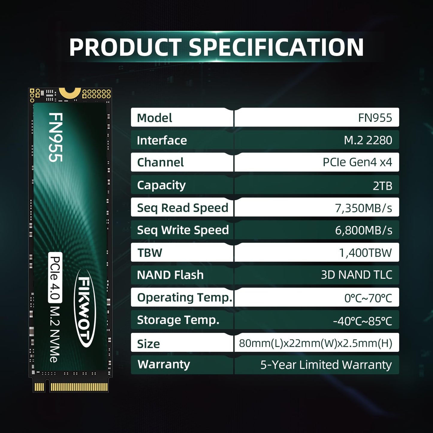 Fikwot FN955 2TB M.2 PCIe Gen4 Internal Solid State Drive with Graphene Thermal Conductive Adhesive - Up to 7350 MB/s, Dynamic SLC Cache, Compatible with laptops and PC desktops.