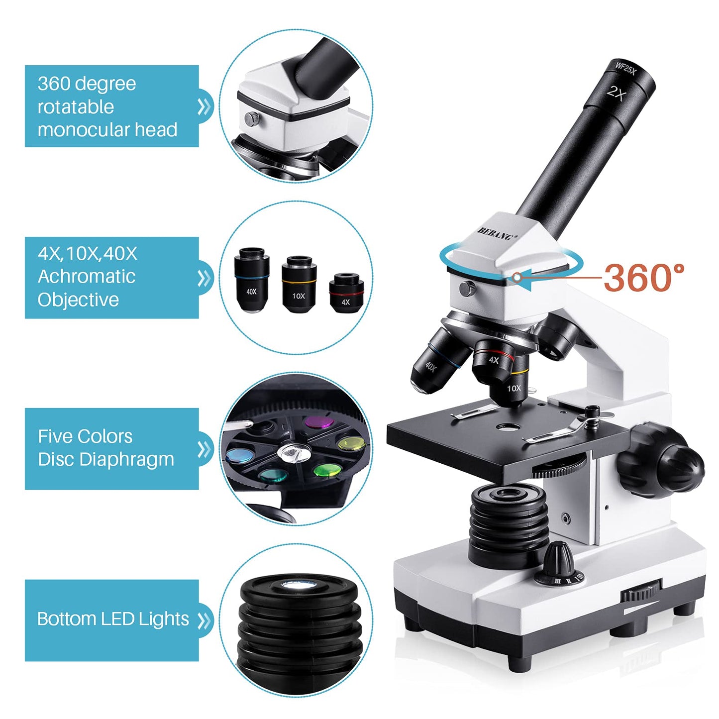 BEBANG 100X-2000X Microscope for Kids Adults, Professional Biological Microscopes for Students School Lab Home