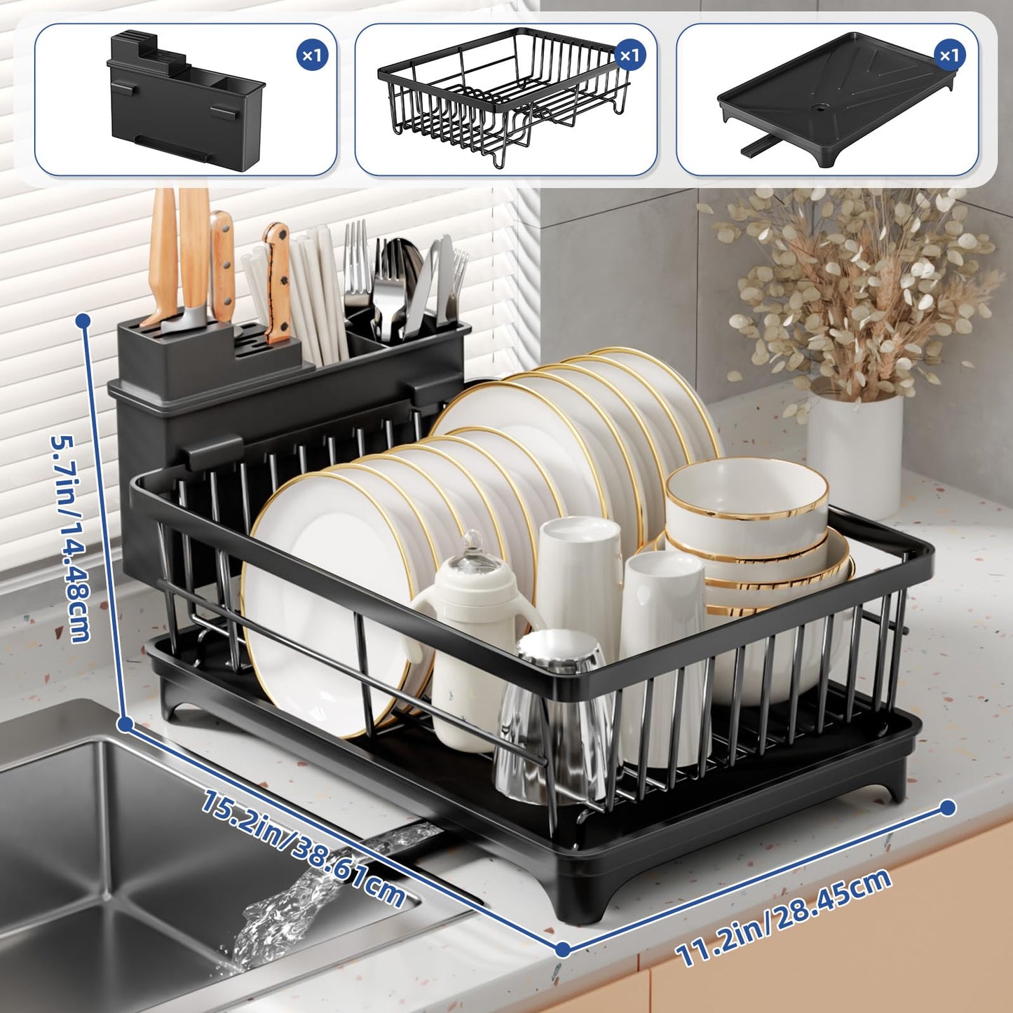PurKeep Dish Drying Rack - space-saving dish rack for kitchen counter with utensil holder, kitchen dish stand with rotating spout, black.