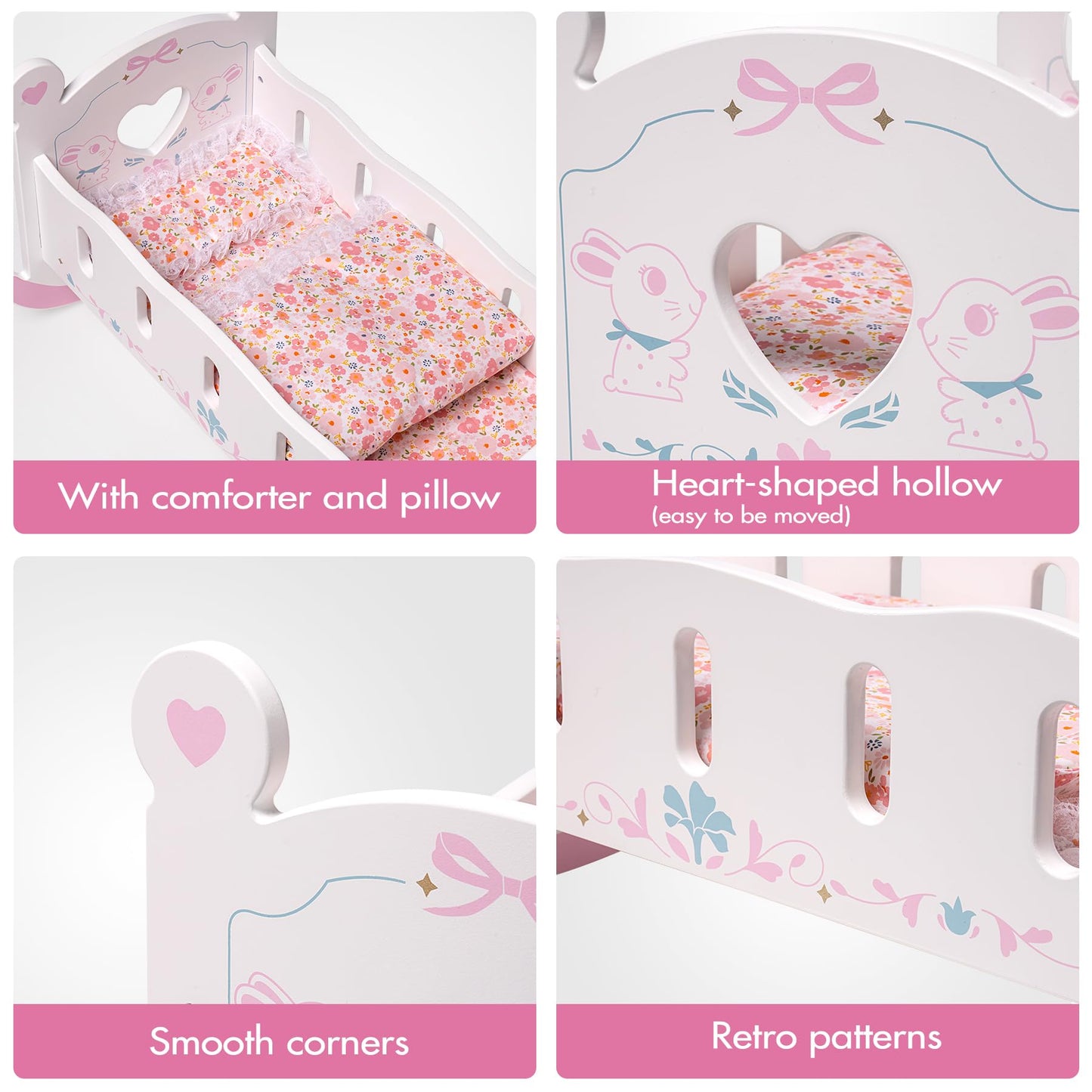 ROBUD wooden doll bed for 45cm dolls, doll cradle with pillow and blanket, suitable for children aged 3 years and up.