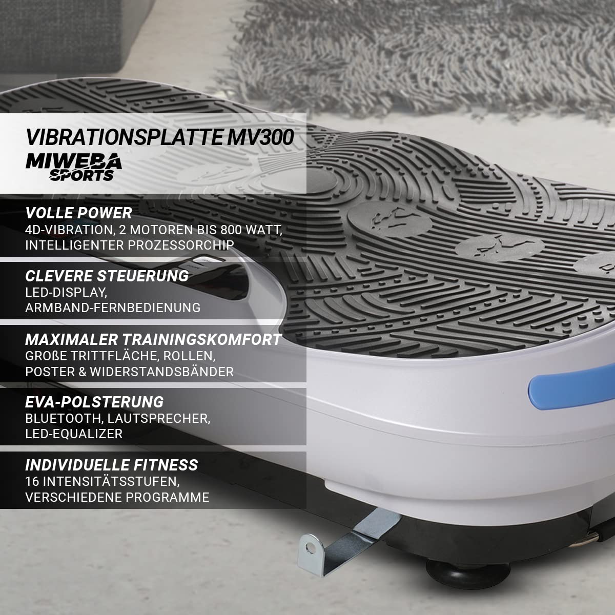 Miweba Sports Fitness 4D Wave Vibration Plate MV300 | 3 Horsepower Engine - 800 Watts - Wrist Remote Control - Bluetooth - Weight Loss - Fat Burner - Home Fitness Equipment (Black)