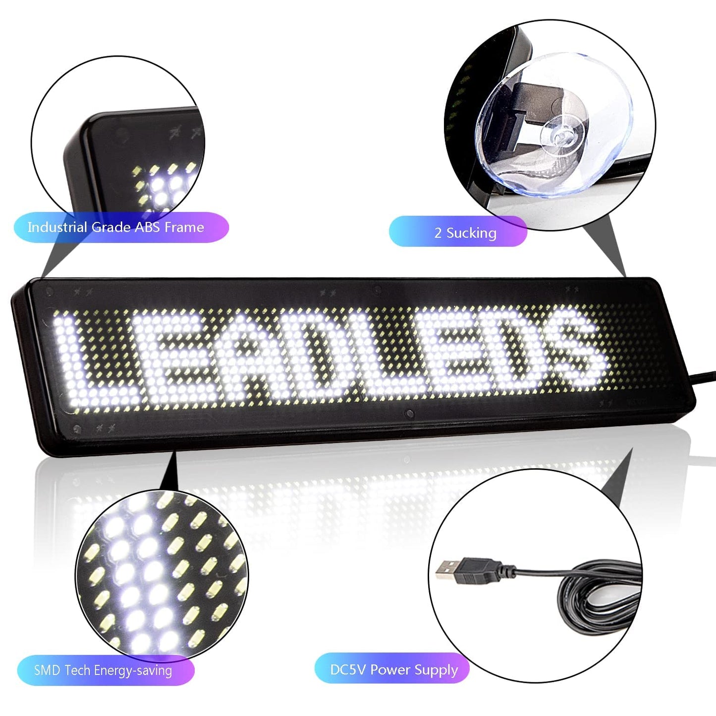 LED Display Board Leadleds 23 x 5 cm Bluetooth Smart App White LED Programmable Scrolling Sign for Car, Shop, Store