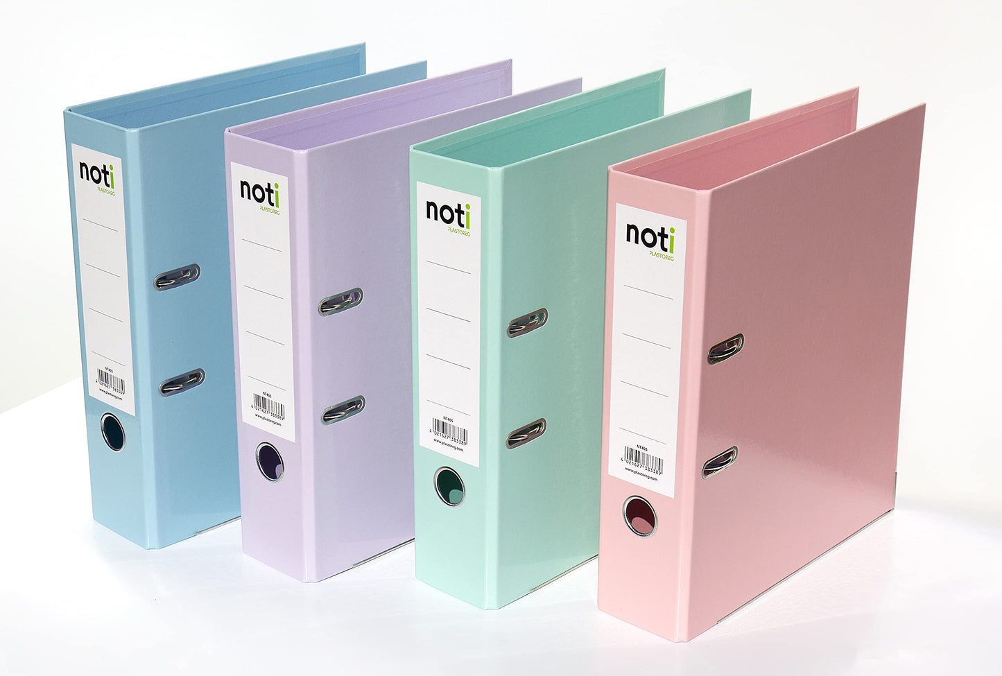 4-pack premium color folders in pastel colors - high gloss laminated in green, blue, purple, pink - 80mm wide for A4 with patented extra strong 85mm mechanism