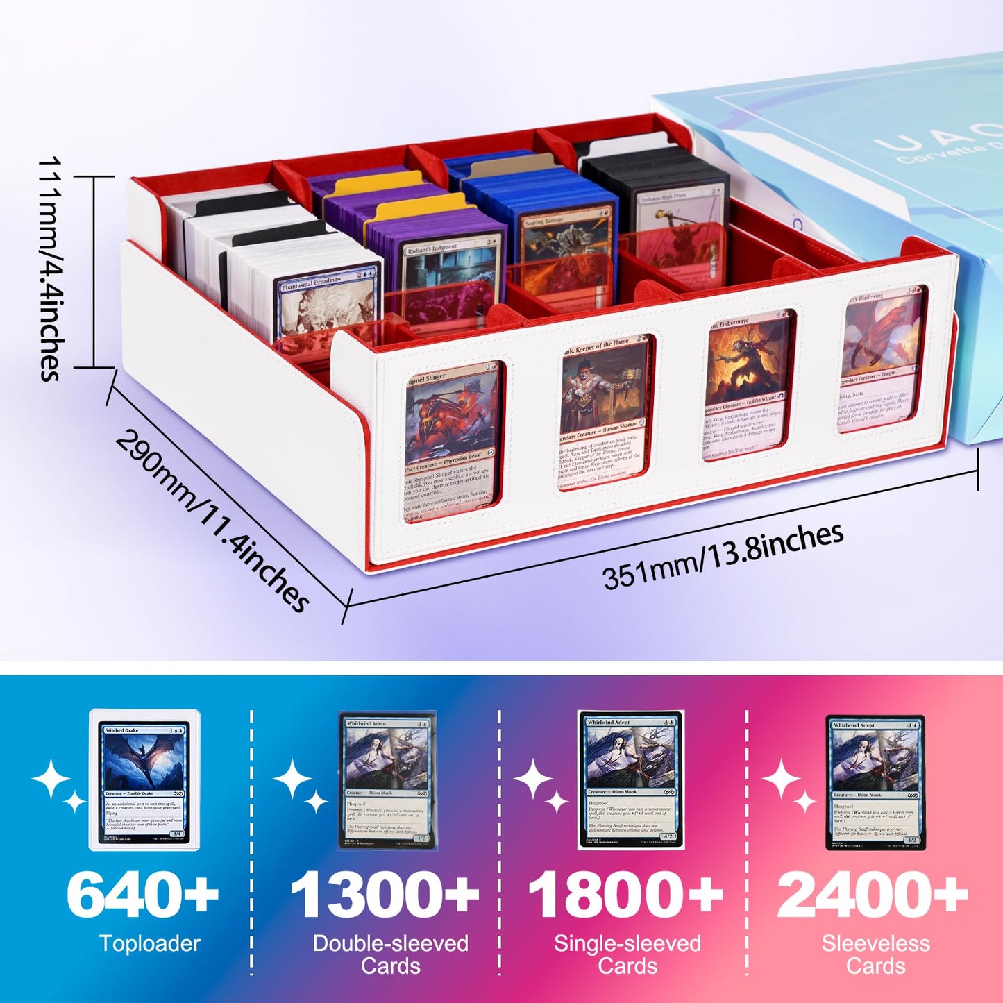 UAONO Trading Card Storage Box with Commander Display; 2400+ Deck Box for MTG with removable lid; Toploader card box for Magic TCG, PTCG, sports cards; 24 dividers, 4 stop blockers - White/Red