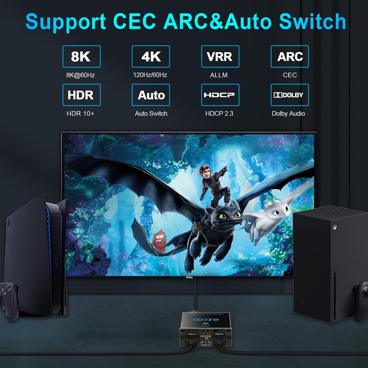 4K 120Hz HDMI 2.1 audio extractor 2X1 VRR ALLM HDCP2.3 HDR10 ARC CEC audio extractor switch 2 IN 1 OUT audio converter HDMI to HDMI SPDIF optical stereo L/R Dolby Digital EDID for PS5 XBOX NVIDIA