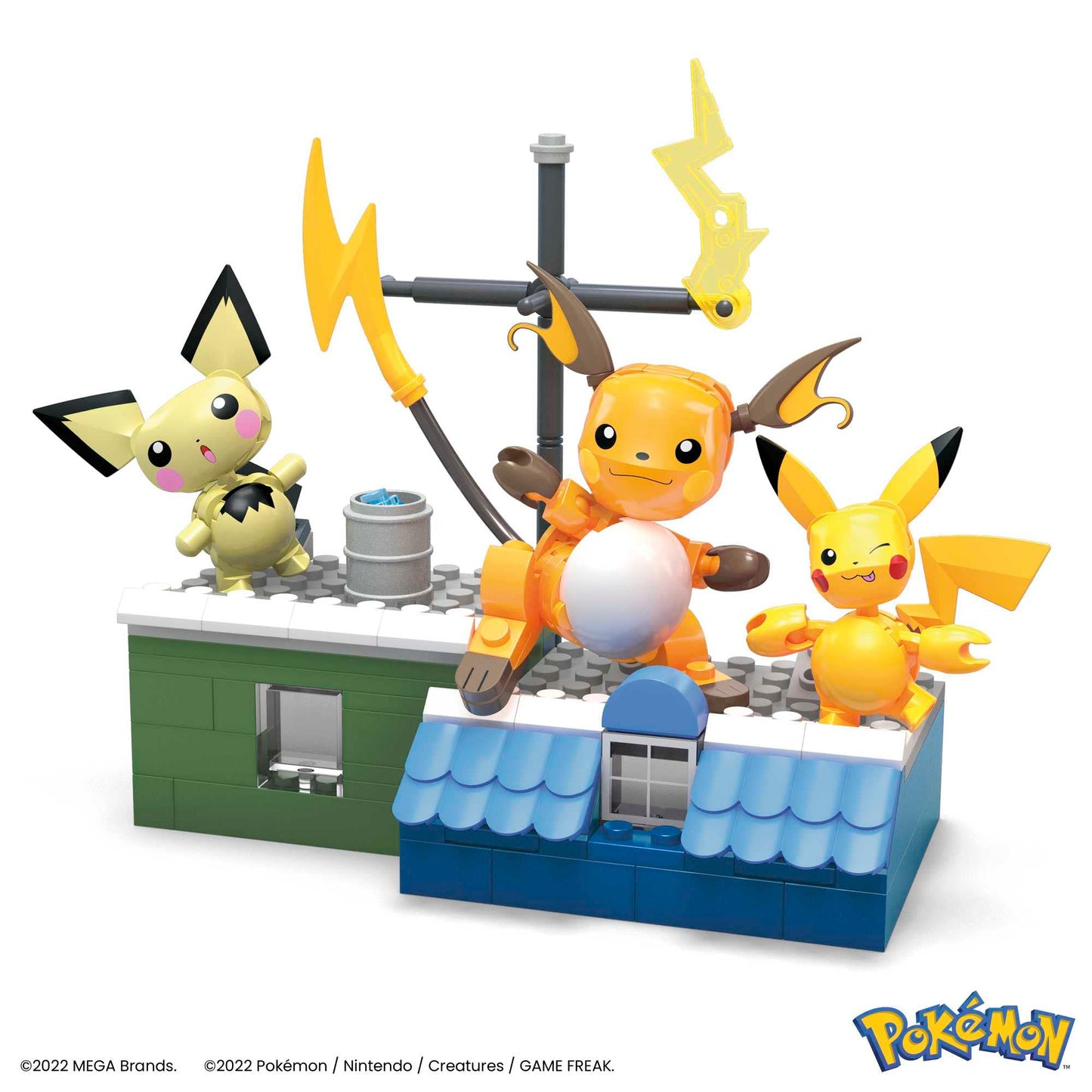 Mega Brands POKÉMON Pikachu - Evolution set with Pichu, Pikachu, and Raichu, featuring themed environment and battle effect elements, for kids 6+. HKT23