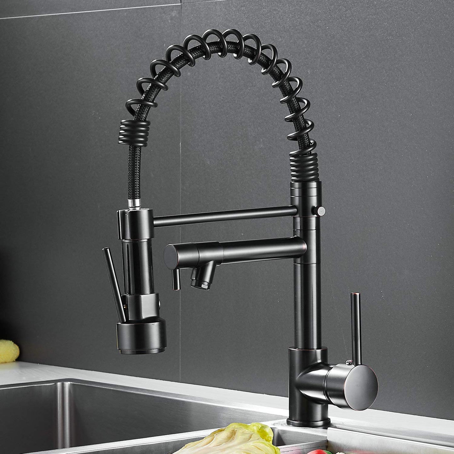 Kitchen faucet black, 360° rotatable sink faucet with pull-out spray, two spouts, spiral spring