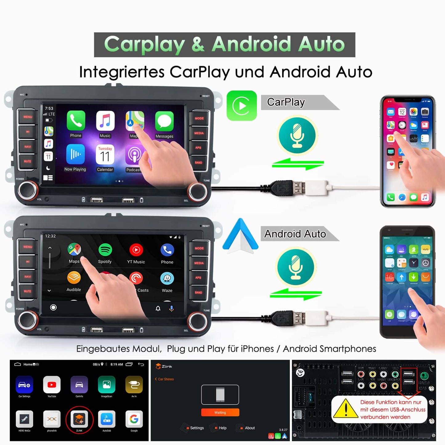 iFreGo 7 inch Android car stereo with built-in DAB+ and Carplay, 2 Din Car Radio for VW Golf, Skoda, Seat. Features Bluetooth, FM Radio, USB, reverse camera, WiFi, steering wheel control, and 7-color lighting.