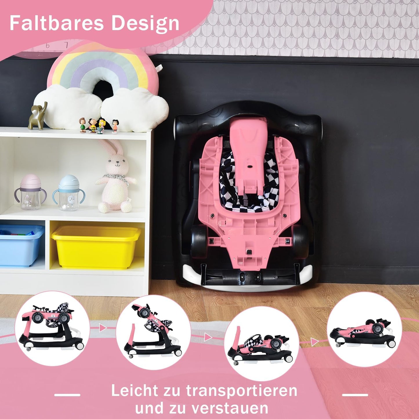 COSTWAY 4 in 1 walker, foldable and adjustable height & speed baby walker shaped like a car with music box, lights & wheels for babies 6 months and up, maximum weight 12kg (Pink)