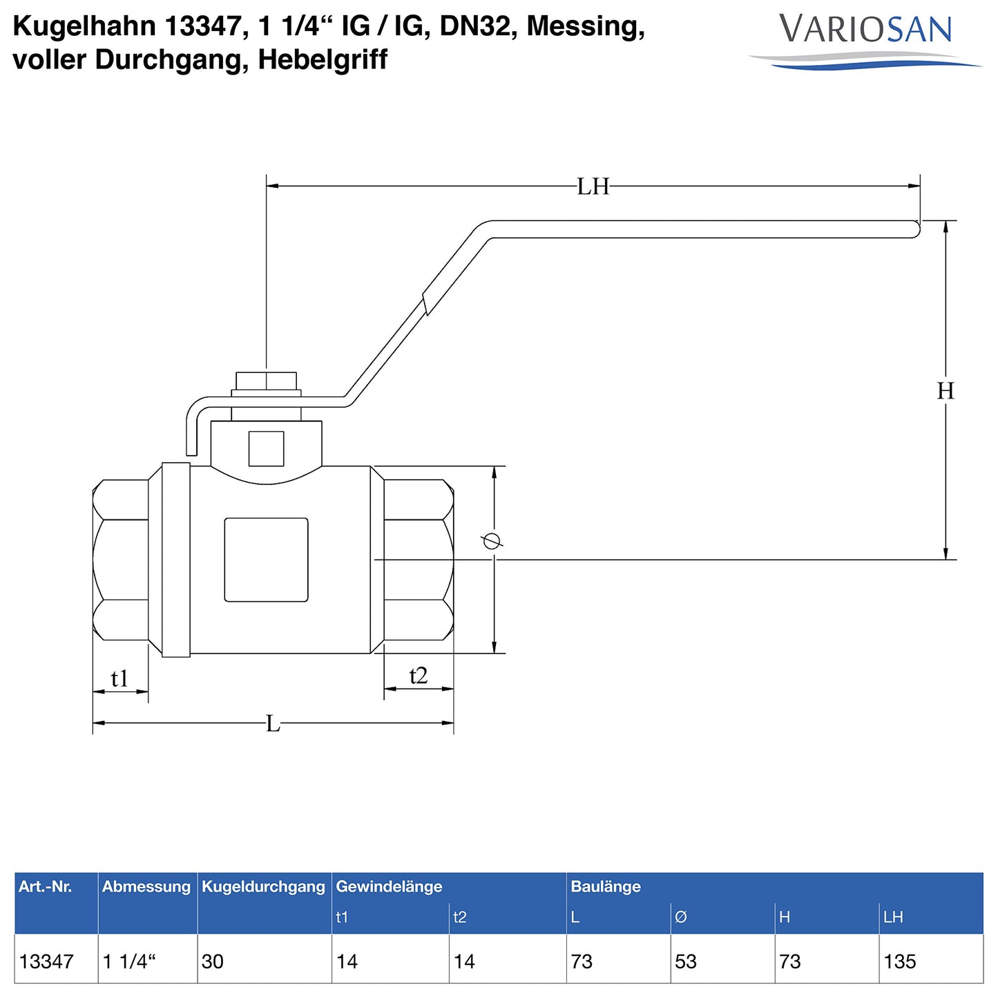 VARIOSAN ball valve 13347, 1 1/4" F/F, DN32, brass, full bore, lever handle