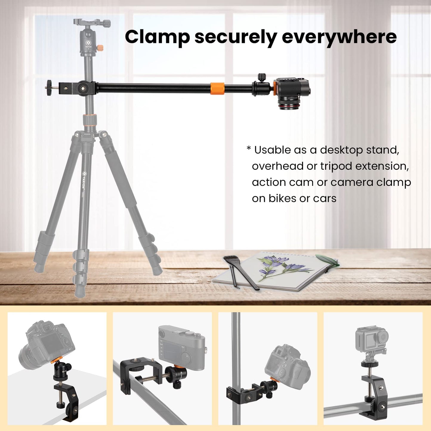 TARION C-Clamp Support Clamp Desk Mount for Camera With Ball Head and Adjustable Extension Rod 33-60cm for Vlogging Live Stream Photo Studio Light Photography Filming (TR-CS)