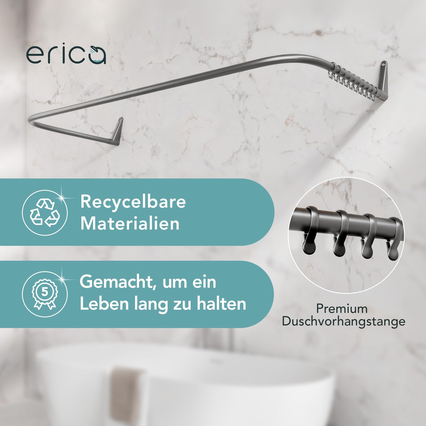 Erica shower curtain rod L-shape & U-shape - 4-in-1 system for bathtub or shower - Corner shower rod - Steel with powder coating - Without ceiling bracket - Gray