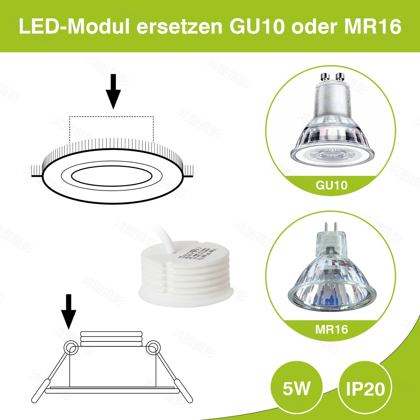 YanFeiYit 5x LED module as GU10 replacement - 5W 38° dimmable made of ceramic super flat 230V - light source for recessed spotlights lamp bulb spotlight (warm white 3000K)