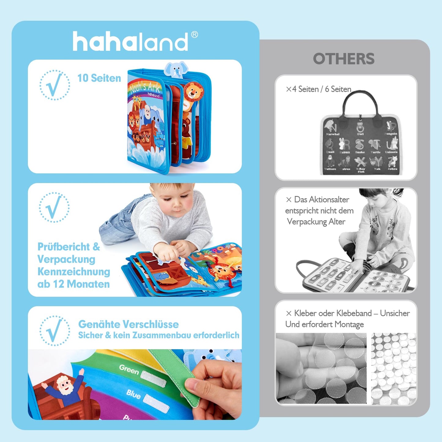 hahaland Quiet Book for 1 year + - Noah's Ark Bible story, 18 classic activities busy board promotes fine motor skills, busy book baptism gift for Montessori toys for 1 2 3 years.