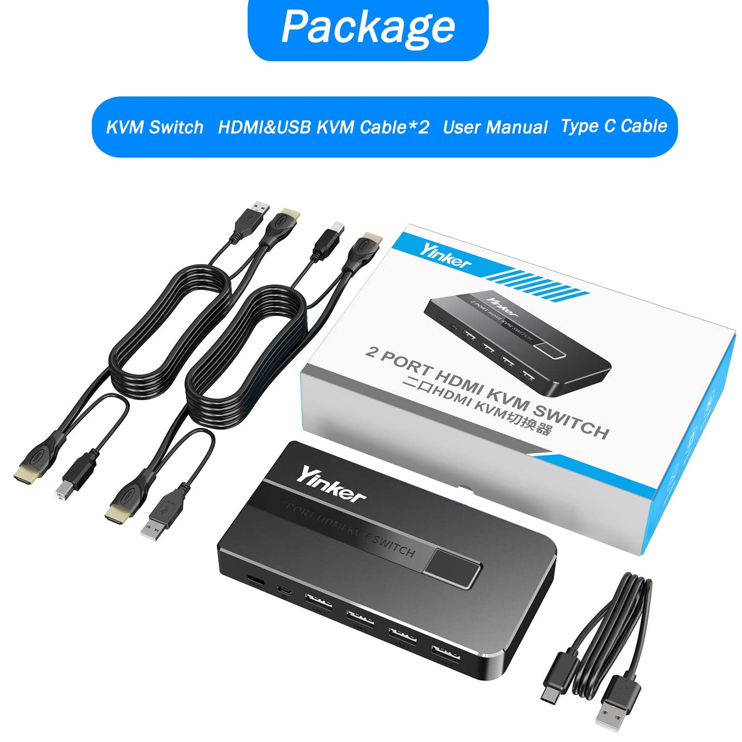 4K 60Hz HDMI KVM Switch 2 Port, Yinker HDMI KVM Switch 2 PC supports 2 computers with 1 monitor, keyboard, mouse, and 5V charging port. Includes 2xUSB A and USB B cables, and 4 USB ports.