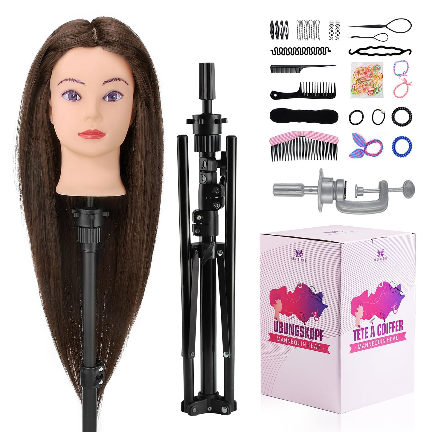 Neverland Beauty Styling Head with Practice Head Stand - 71cm 60% Real Hair, Doll Head for Styling, Training Heads for Hairdressers Training Head With Holder + DIY Hair Set (Brown)