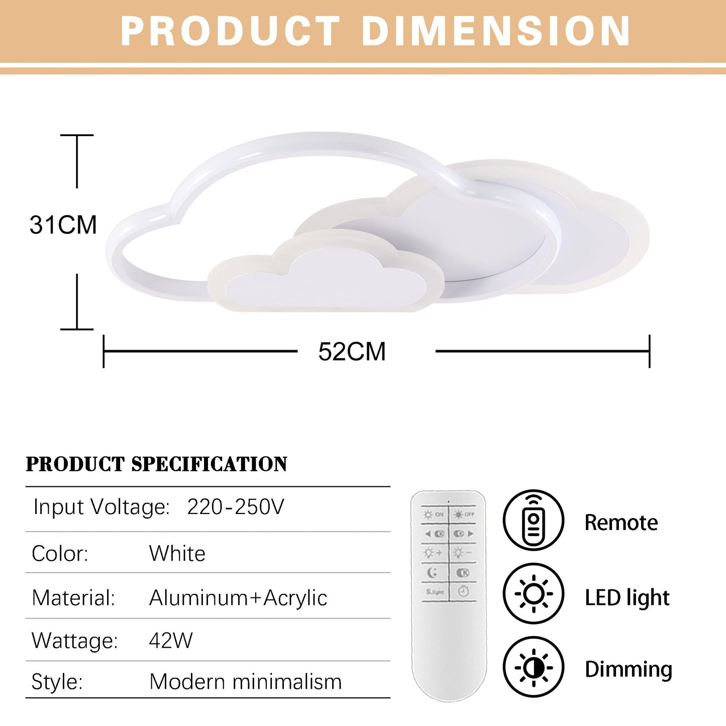Miniature creative cloud-shaped ceiling light with remote control dimmable, acrylic flush mount ceiling light for living room bedroom hallway and children's room, 52 cm (20.5 in) 42W, White.