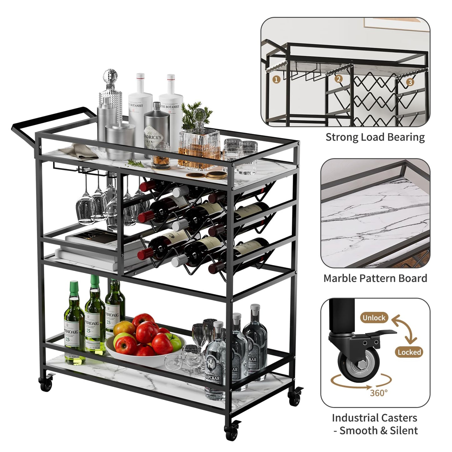 DAWNYIELD 3-tier mobile wine cart, bar serving cart on wheels with wine and glass shelves, modern rolling wine storage cart for kitchen home parties (Black)