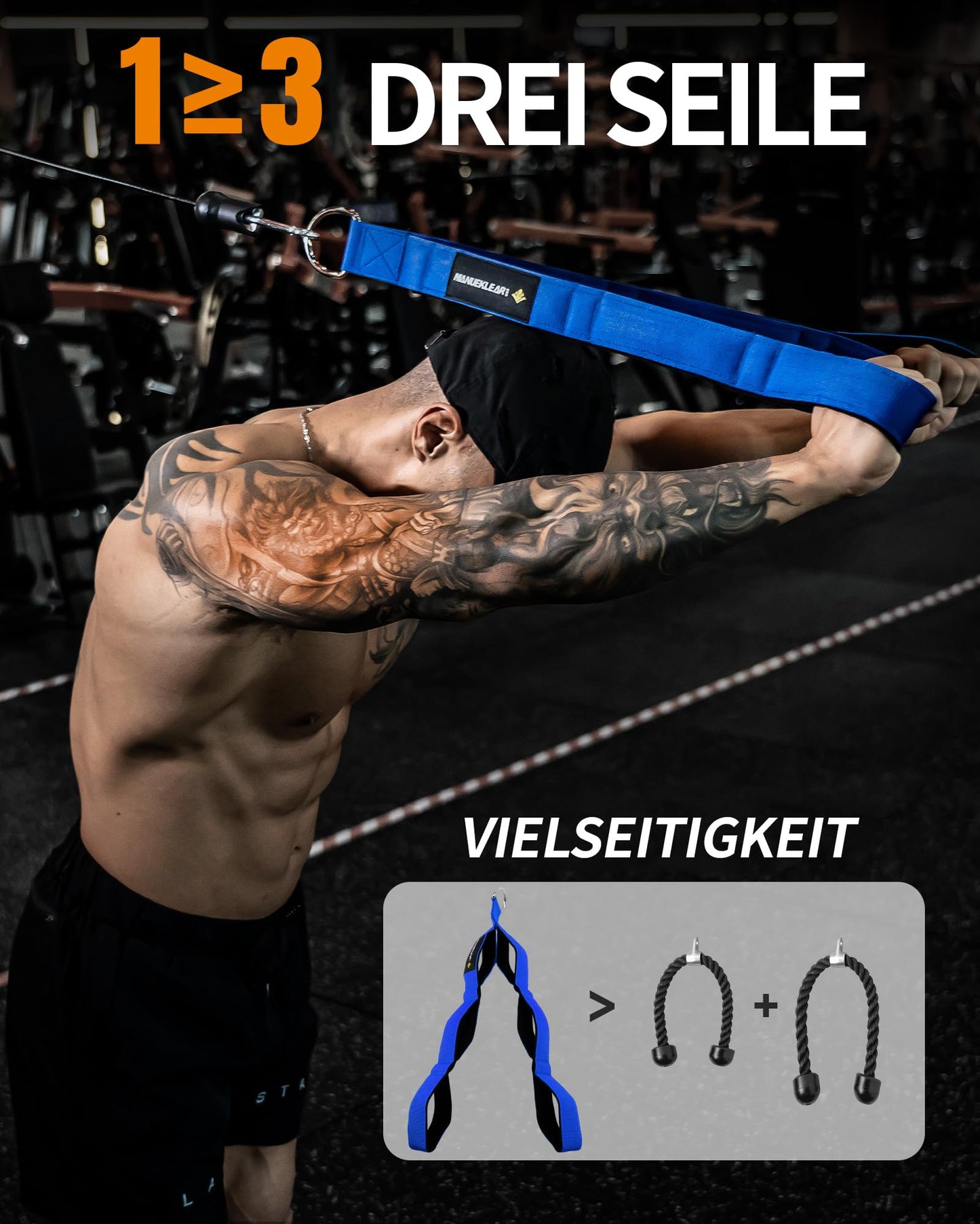 MANUEKLEAR Tricep Rope Cable Attachment with extended range of motion, Tricep Pull-Down Rope for push-downs, crunches, face pulls for professional gym (Blue)