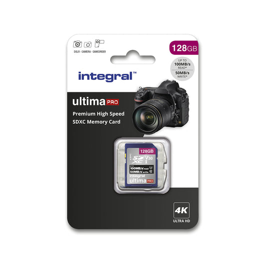 Integral 128GB SD card for 4K Ultra HD video. Premium high-speed memory card. SDXC with up to 100MB/s transfer speeds. SDXC V30 UHS-I U3 Class 10 SD memory card.