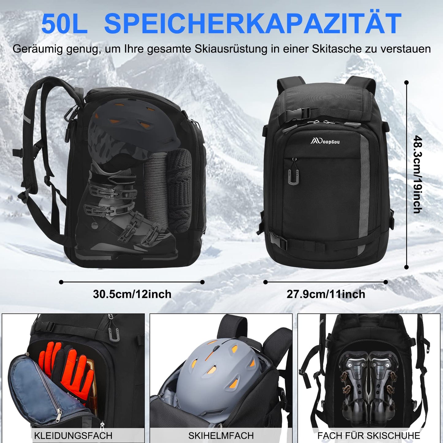 MoopGou ski boot bag with helmet compartment 50L 1680D nylon ski backpack ski boot backpack with helmet pocket ski bag ski sack for ski boots ice skates snowboard inline skates (gray)