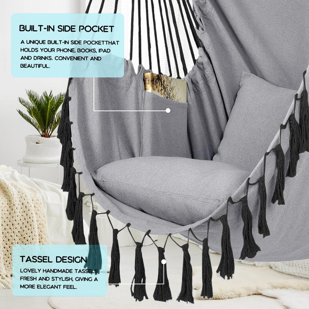Outdoor & indoor hanging swing chair with 2 pillows & bag, XXL hanging chair for kids & adults up to 330 lbs, hammock swing for living room, bedroom, garden, terrace.