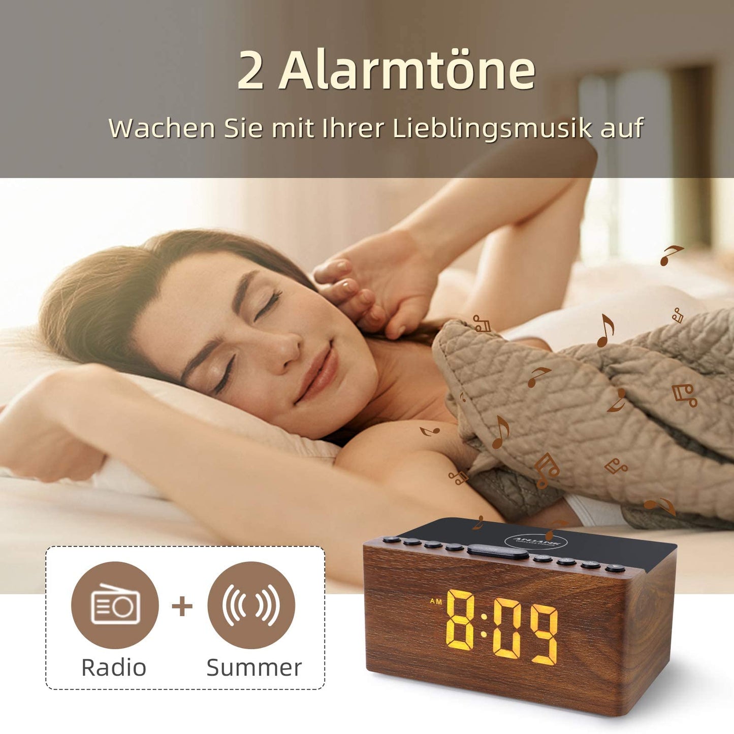 ANJANK Digital Wooden Alarm Clock with Wireless Charging Station, 10W Fast Charger for iPhone/Samsung Galaxy, LED Display with 5-Level Dimmer, USB Charging Port, Clock Radio, No Ticking